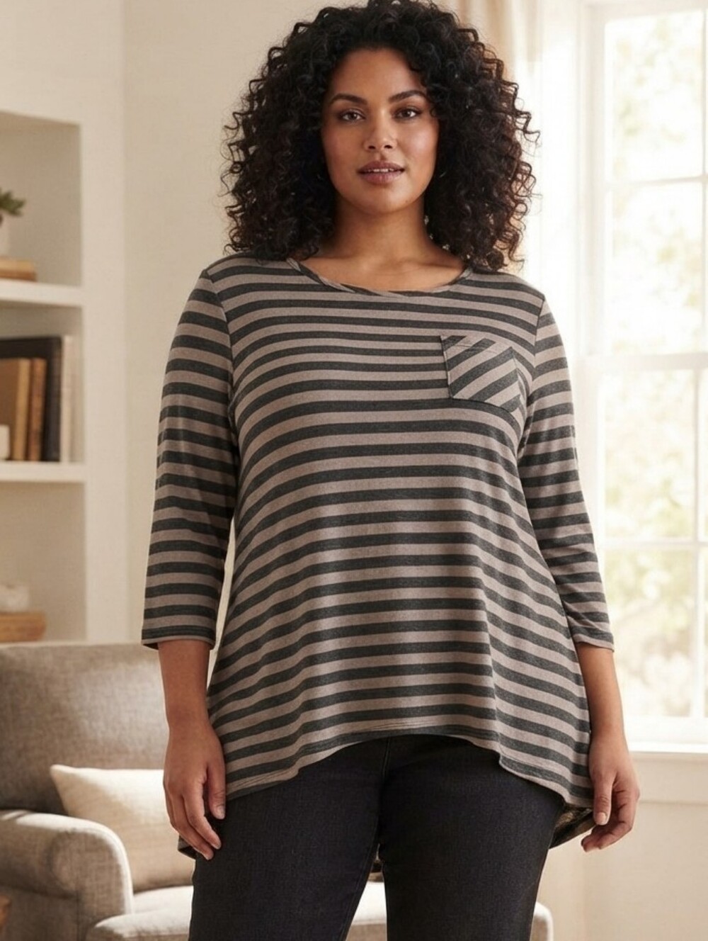 Molly & Isadora Black Grey Striped Long Sleeve Swing Top Plus Size XXL GUC
